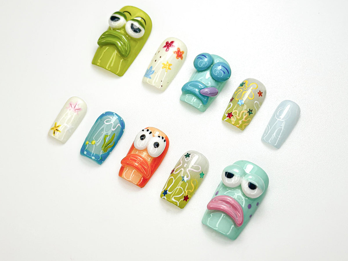 Bikini Bottom Cartoon Press On Nails | 3D Character Nail Art | Ocean & Starfish Themed Press Ons | Colorful Underwater Nail Set | JB127HC