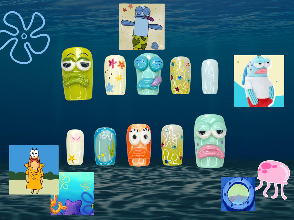 Bikini Bottom Cartoon Press On Nails | 3D Character Nail Art | Ocean & Starfish Themed Press Ons | Colorful Underwater Nail Set | JB127HC