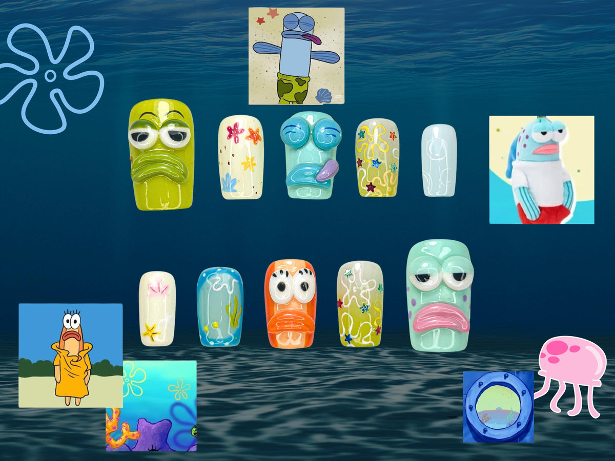 Bikini Bottom Cartoon Press On Nails | 3D Character Nail Art | Ocean & Starfish Themed Press Ons | Colorful Underwater Nail Set | JB127HC