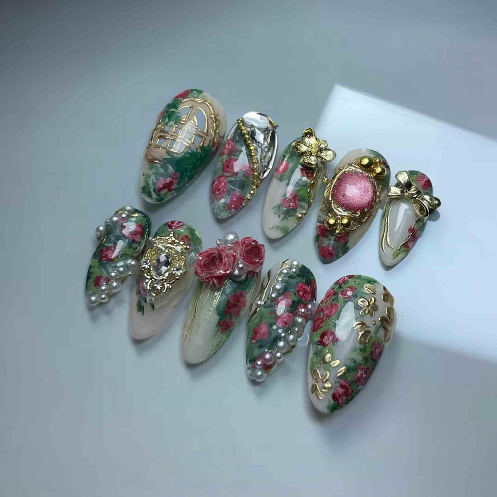 Handmade Vintage Floral Press On Nails | 3D Roses, Pearls, Gold Charms & Romantic Garden Motifs | Green Pink Almond Nails For Elegant Vibe