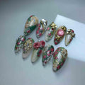 Handmade Vintage Floral Press On Nails | 3D Roses, Pearls, Gold Charms & Romantic Garden Motifs | Green Pink Almond Nails For Elegant Vibe