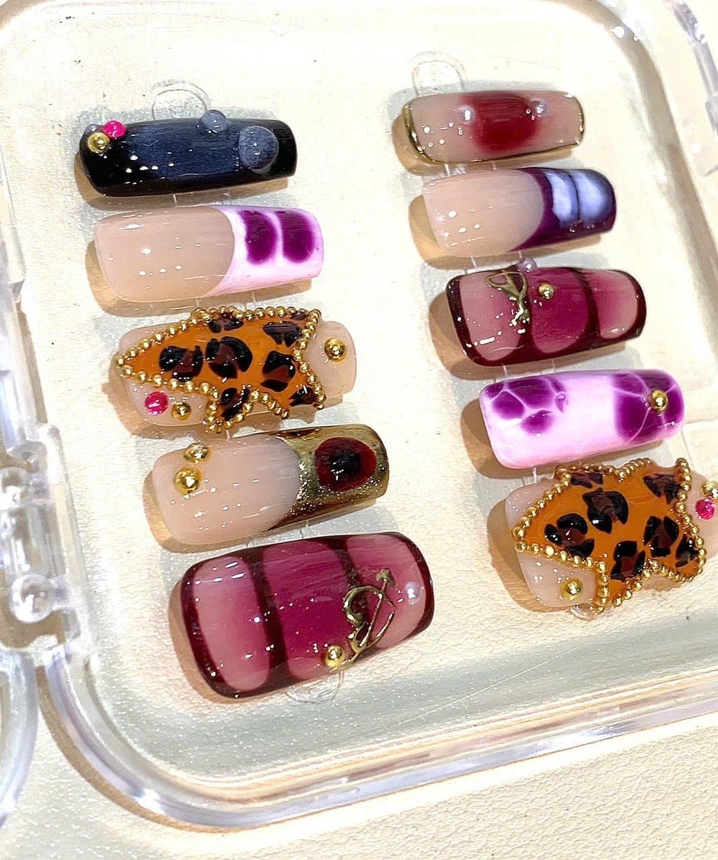 Leopard Star Press On Nails: Purple Pink Marble Rhinestone 3D Design