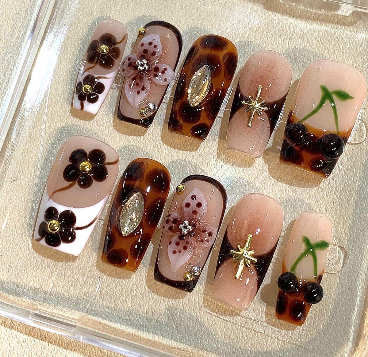 Tortoiseshell Flower Press On Nails: 3D Floral Nail Art with Gold Charms