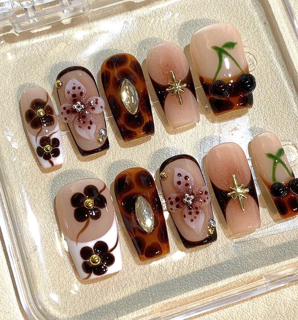 Tortoiseshell Flower Press On Nails: 3D Floral Nail Art with Gold Charms