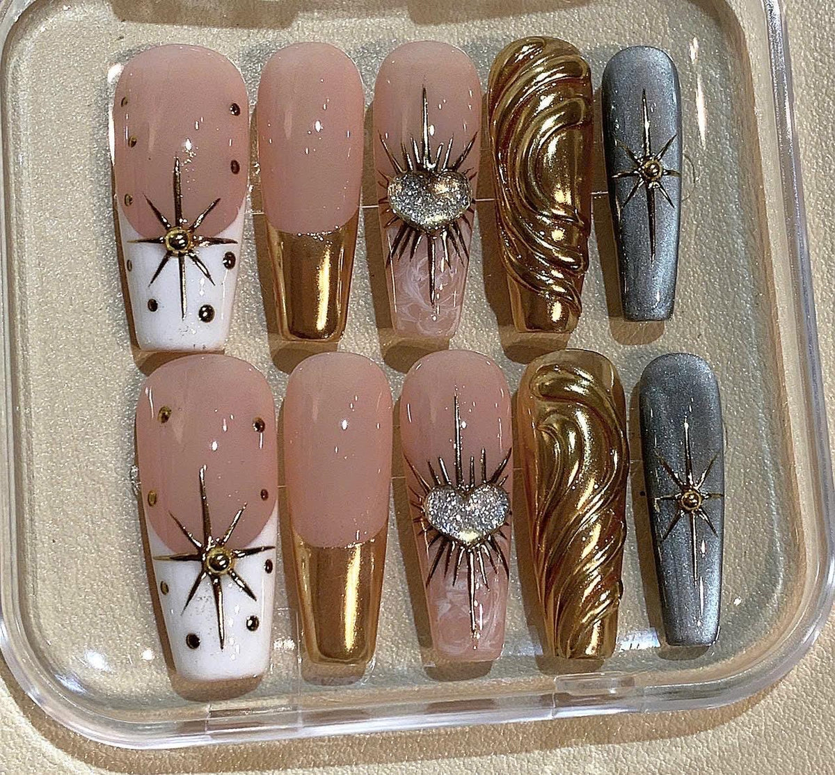 Gold Chrome Press On Nails – 3D Metallic Starburst, Cosmic Glam