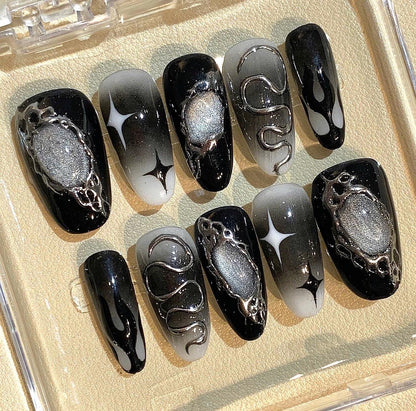 Black Silver Snake Press On Nails: Gothic Chrome Halloween Nail Art