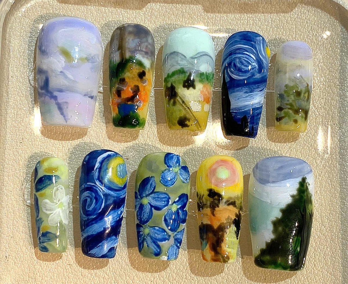 Van Gogh Starry Night Press On Nails: Hand-Painted Art False Nails