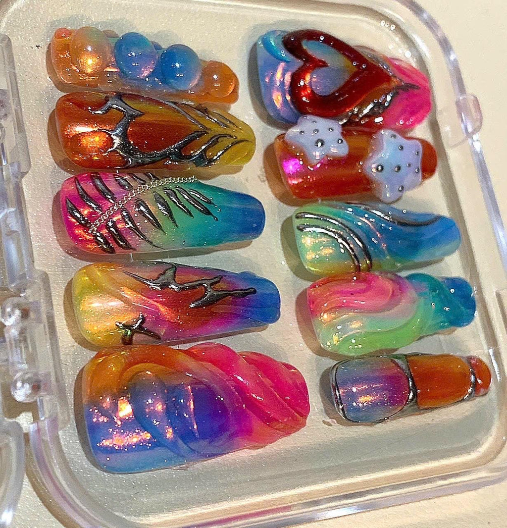 Rainbow Holographic Press On Nails: 3D Heart & Star Coffin Nail Art