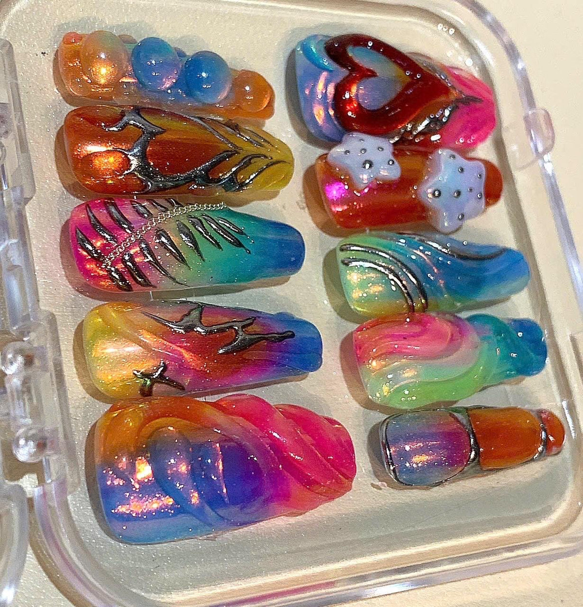 Rainbow Holographic Press On Nails: 3D Heart & Star Coffin Nail Art