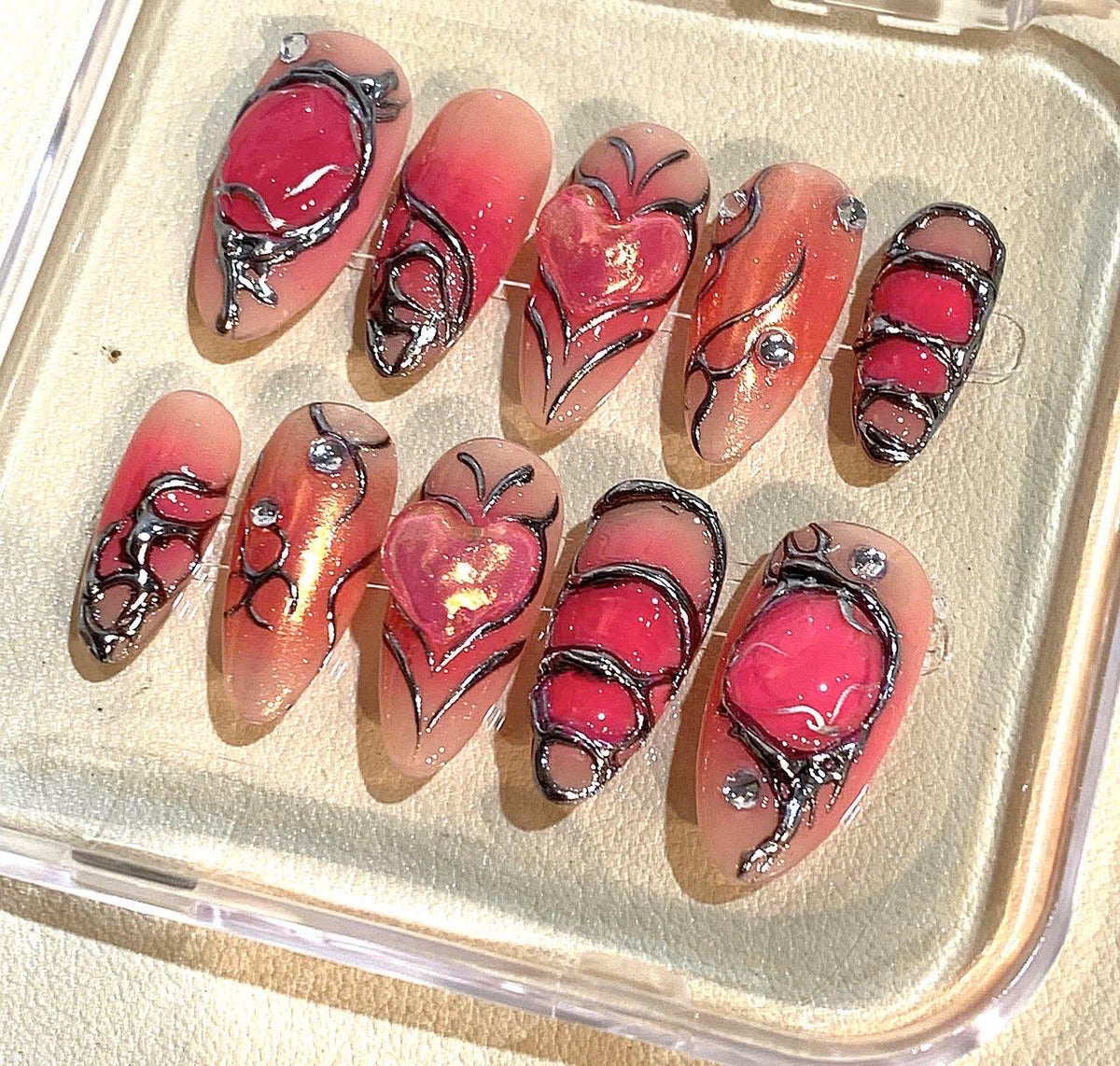 Handmade Gothic Red & Black Stiletto Press On Nails: 3D Nail Art Set