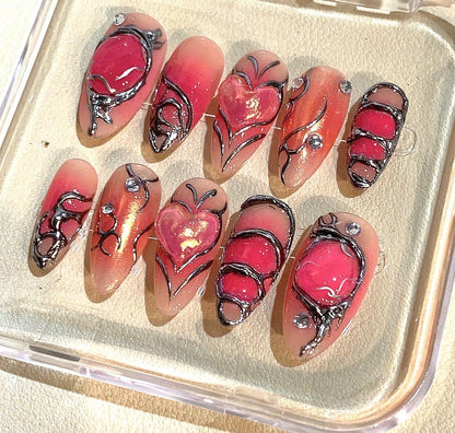Handmade Gothic Red & Black Stiletto Press On Nails: 3D Nail Art Set