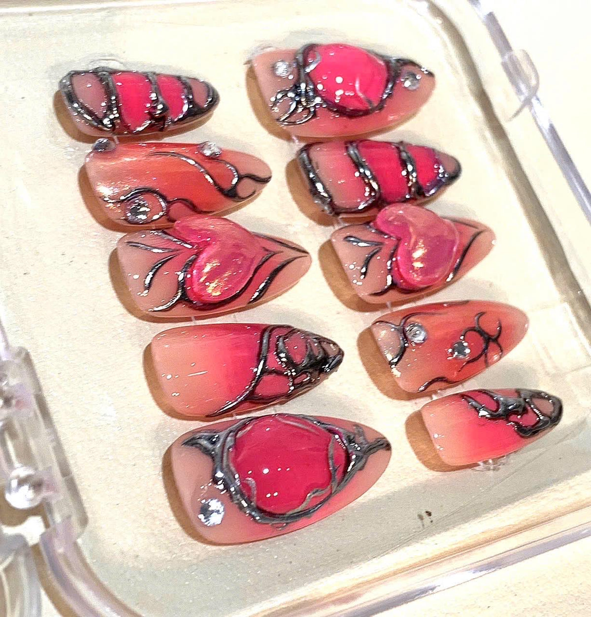 Handmade Gothic Red & Black Stiletto Press On Nails: 3D Nail Art Set
