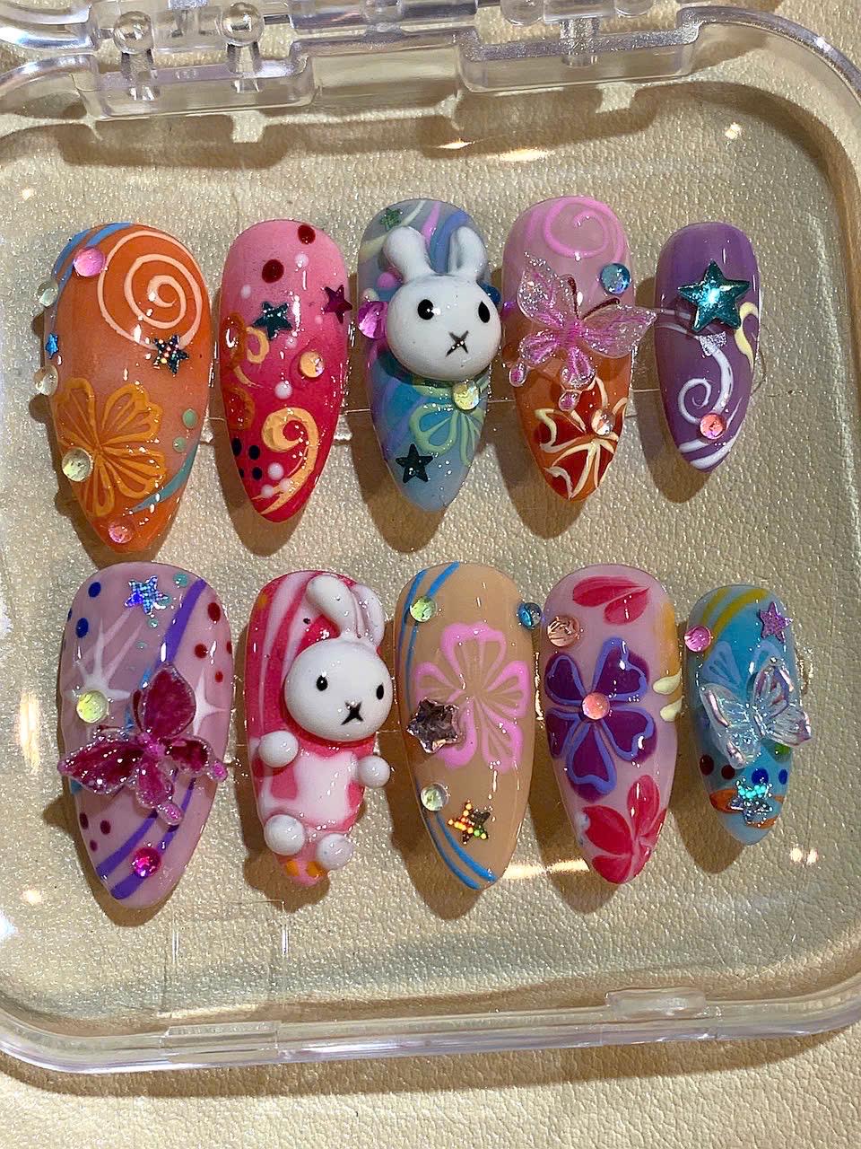 3D Cartoon Bunny Press On Nails: Handmade Colorful Nail Art Set