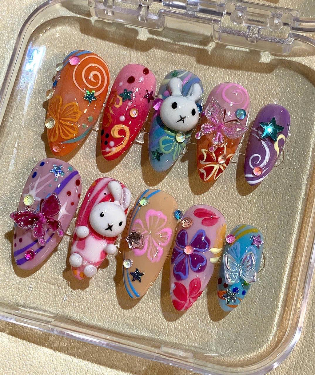 3D Cartoon Bunny Press On Nails: Handmade Colorful Nail Art Set