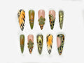 Wild Safari Glam Press On Nails | Animal Print, Jungle Green & 3D Floral Accents | Gold Metallic Abstract Nail Art | JC139EK