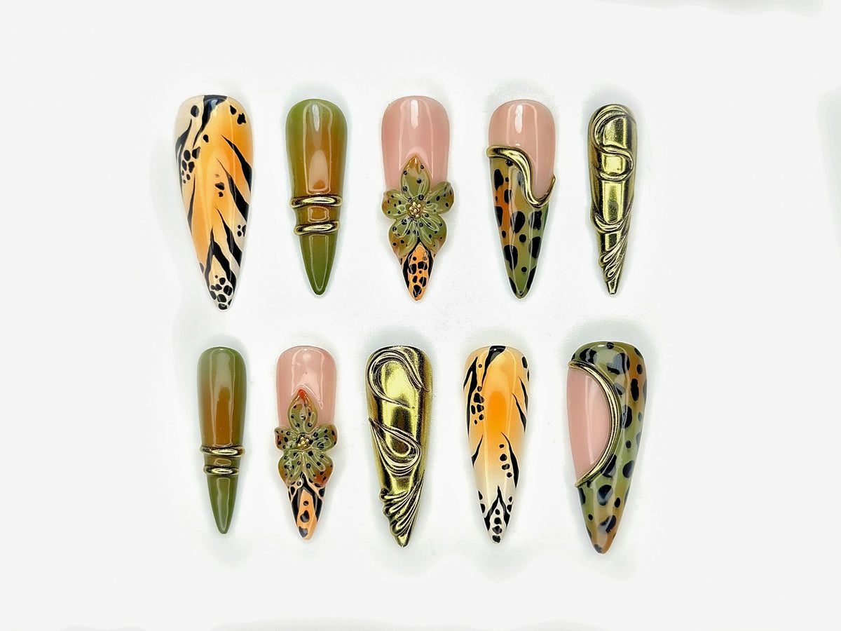 Wild Safari Glam Press On Nails | Animal Print, Jungle Green & 3D Floral Accents | Gold Metallic Abstract Nail Art | JC139EK