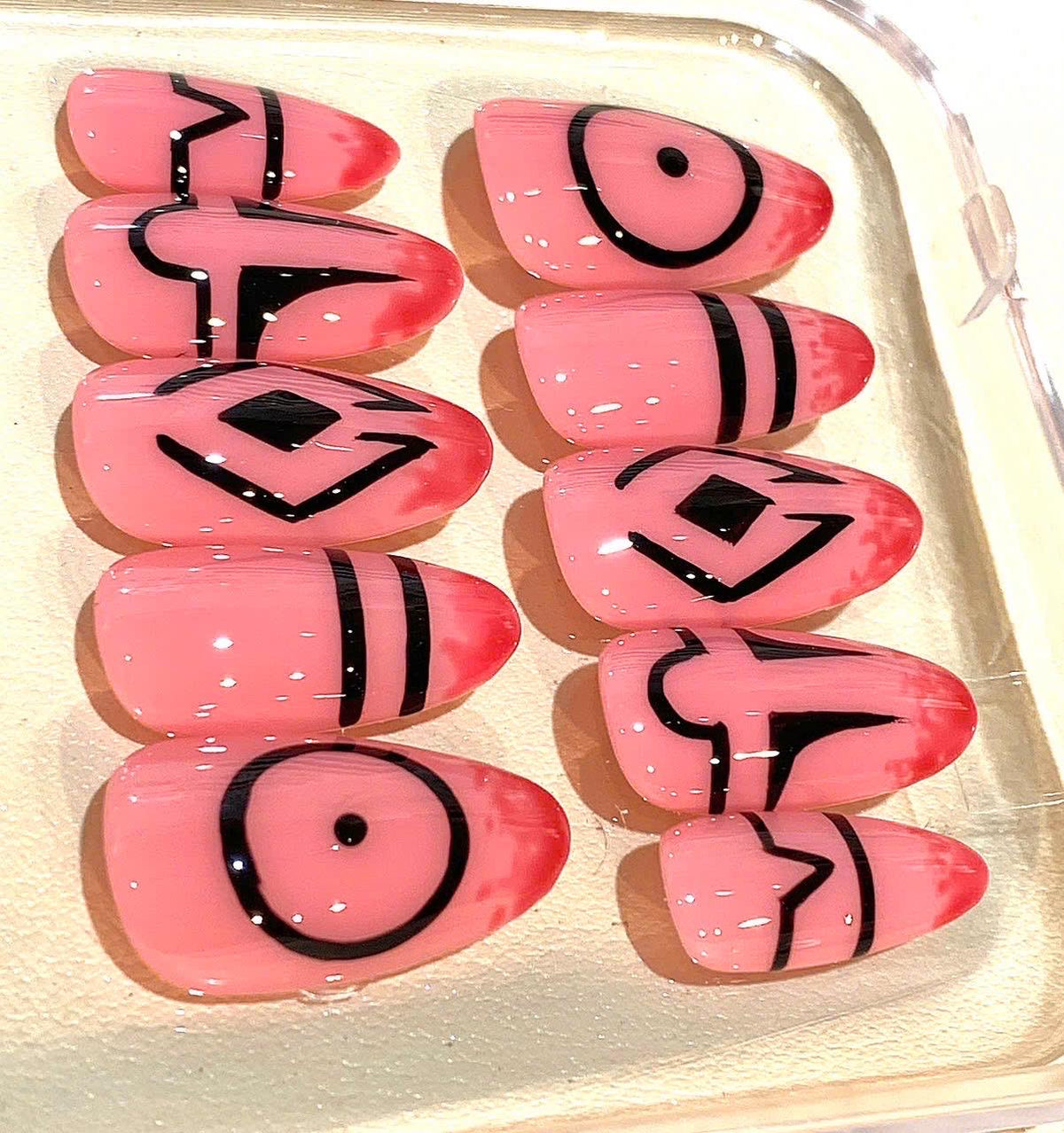 Handmade Geometric Press On Nails: Pink Abstract Line Art