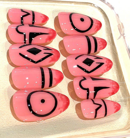 Handmade Geometric Press On Nails: Pink Abstract Line Art