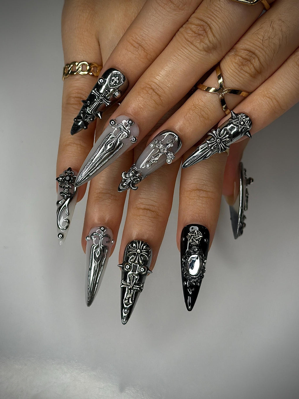 Gothic Silver Sword Press On Nails | 3D Cross & Dagger Nail Art | Handmade Dark Fantasy Nails | Medieval Armor Inspired Press Ons | JB159HK