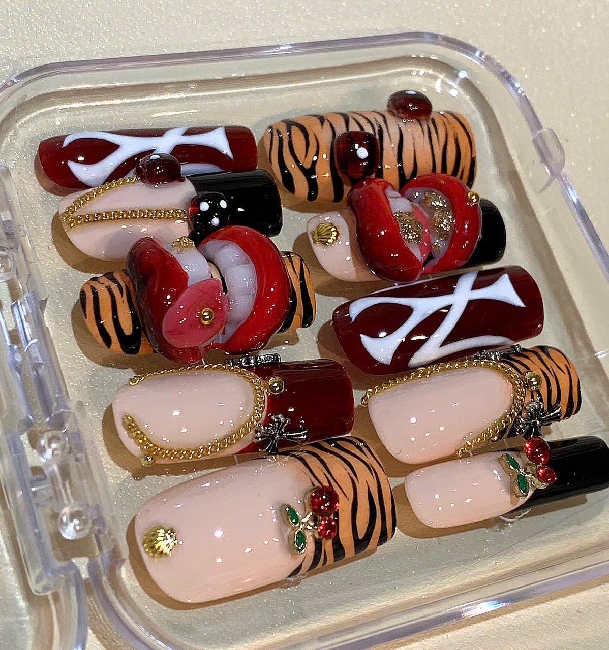 Tiger Print Press On Nails: Red Lips, Cherry Charm, Reusable Nail Art Set