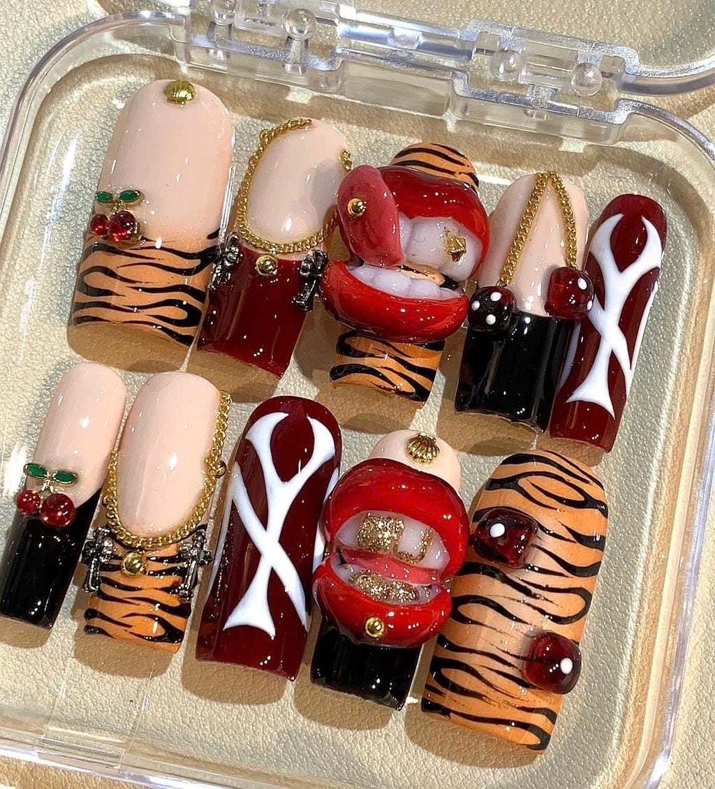 Tiger Print Press On Nails: Red Lips, Cherry Charm, Reusable Nail Art Set