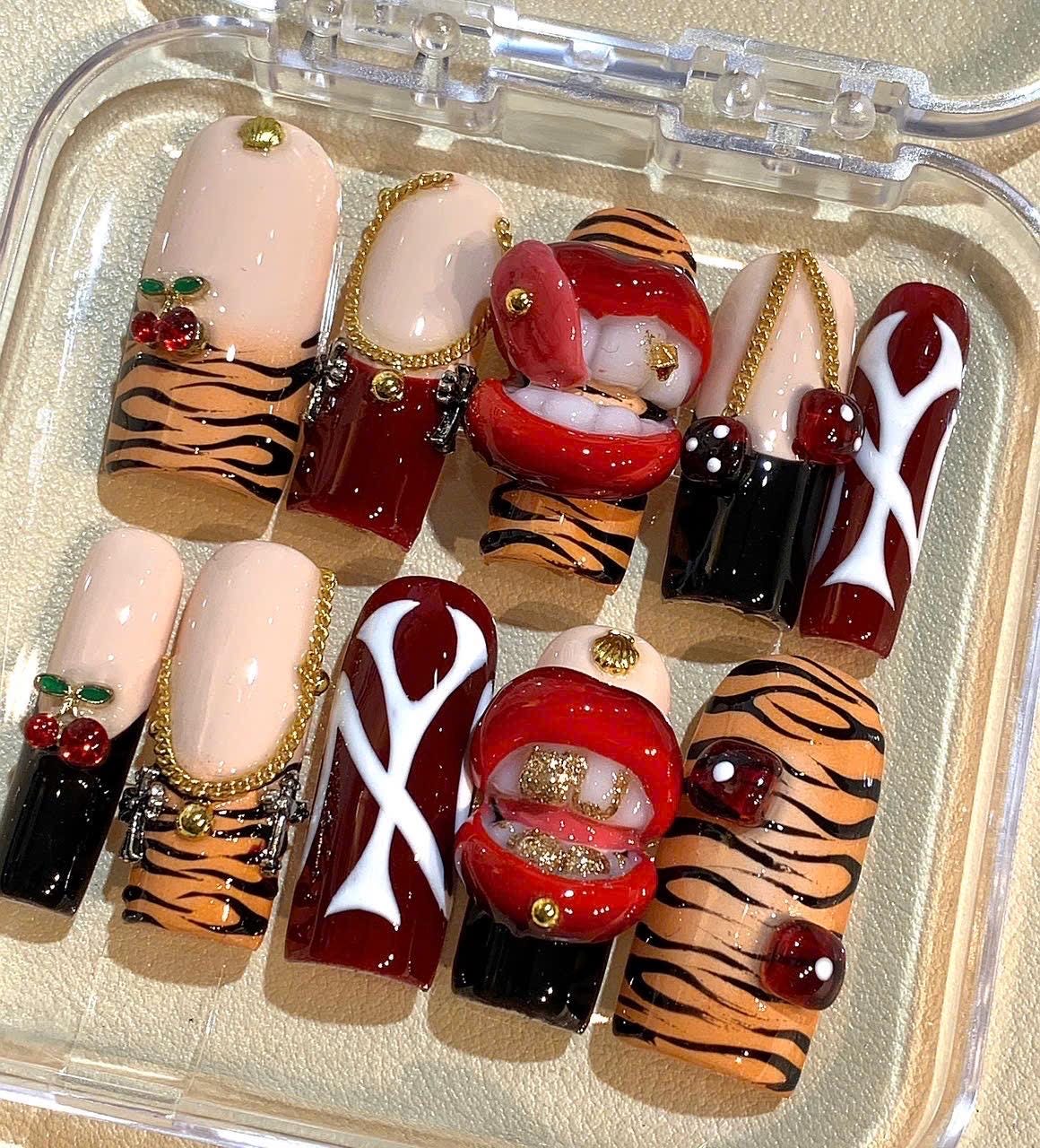Tiger Print Press On Nails: Red Lips, Cherry Charm, Reusable Nail Art Set