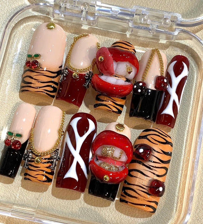Tiger Print Press On Nails: Red Lips, Cherry Charm, Reusable Nail Art Set