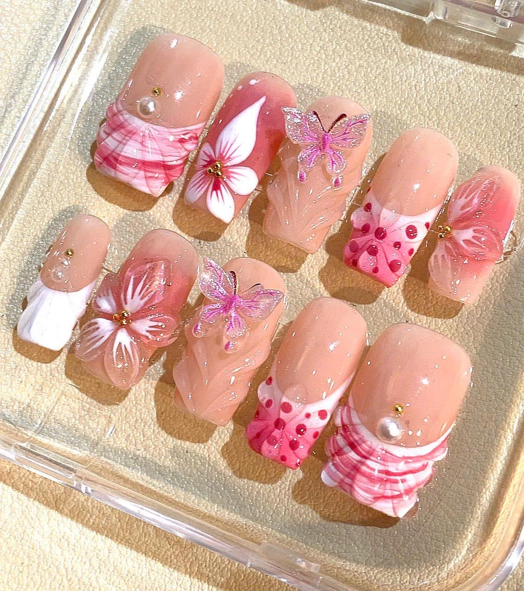3D Butterfly Press On Nails – Floral Pearl Handmade Nail Art
