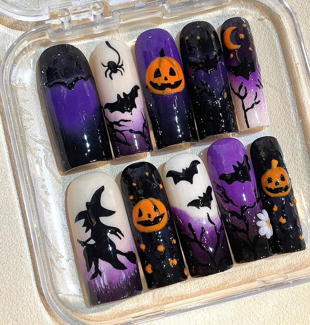 Handmade Halloween Press On Nails: Purple Black Ombre, Spooky Nail Art