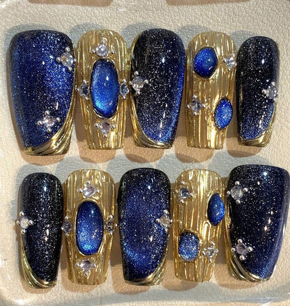 Blue Galaxy Press On Nails: Handmade Glitter, Gold Foil, Rhinestones