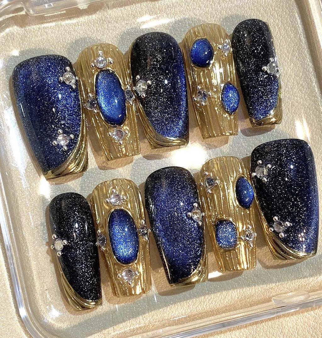 Blue Galaxy Press On Nails: Handmade Glitter, Gold Foil, Rhinestones