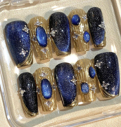 Blue Galaxy Press On Nails: Handmade Glitter, Gold Foil, Rhinestones