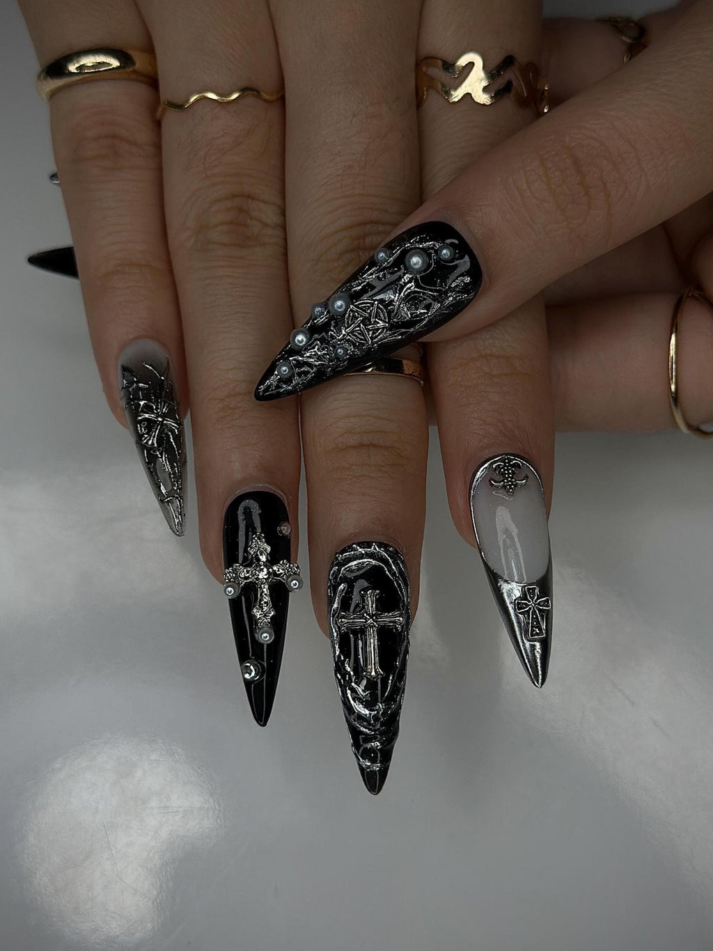 Gothic Baroque Metal Press On Nails | 3D Silver Cross Nail Art | Black & Gray Gothic Stiletto Nails | Handmade Luxury Gothic Nails | JB147HP