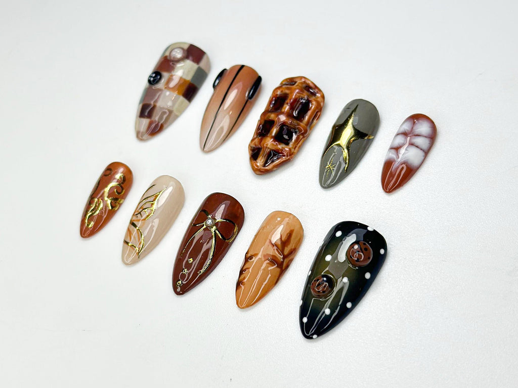 Autumn Brown Press On Nails | Cozy Fall Plaid & 3D Waffle Nail Art | Handmade Neutral Brown Nail | Rustic Autumn Inspired Press Ons |JB161HK