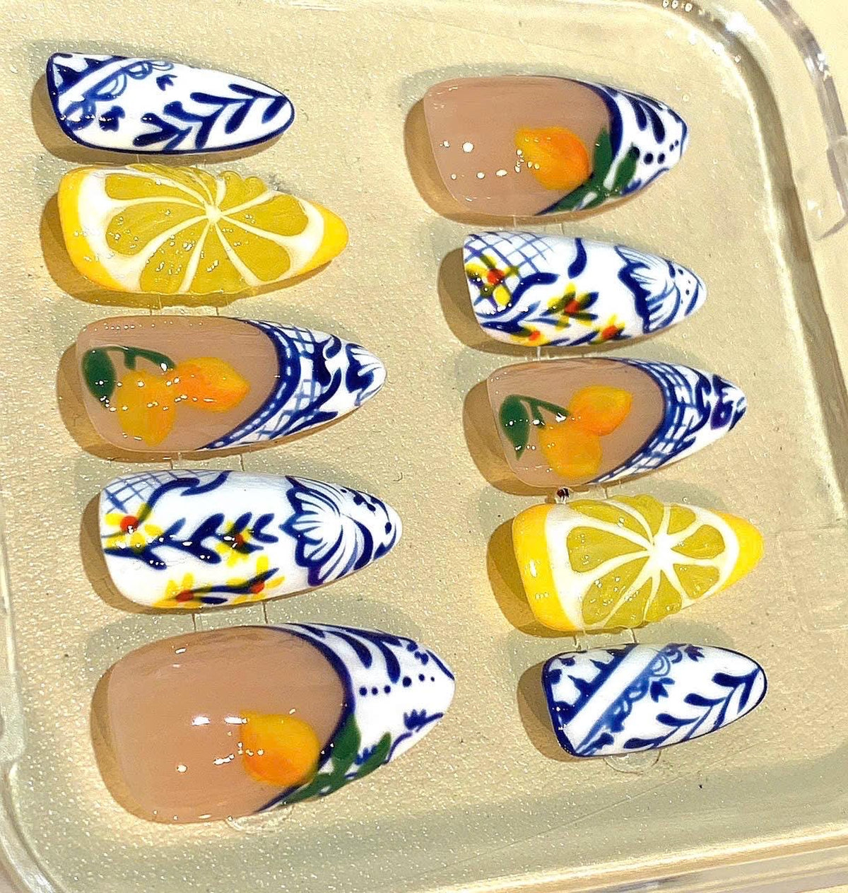 Handmade Ceramic Style Lemon Press On Nails: Mediterranean Citrus Design