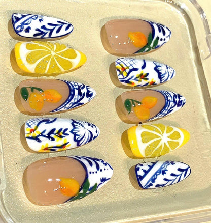 Handmade Ceramic Style Lemon Press On Nails: Mediterranean Citrus Design