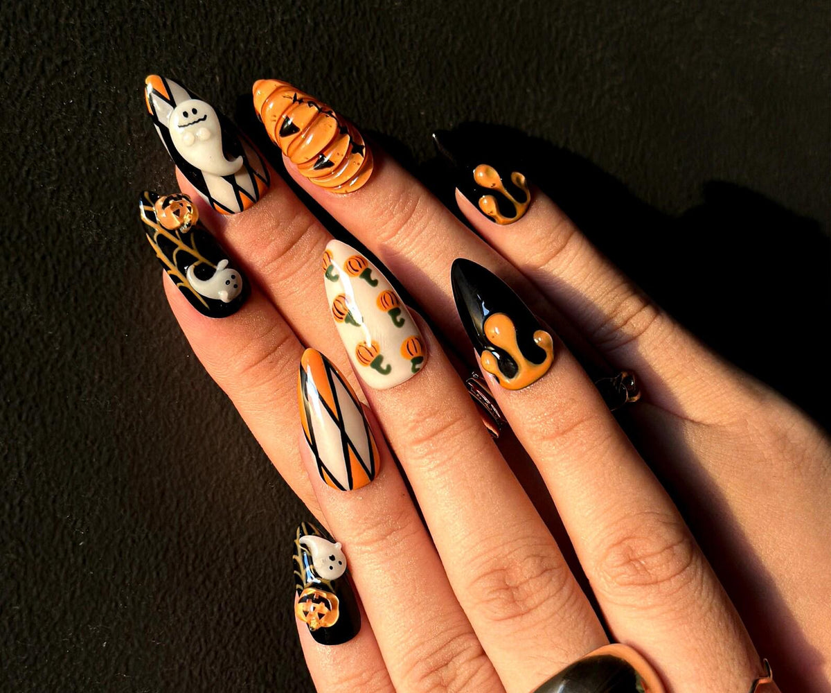 Pumpkin Halloween Press On Nails | 3D Halloween Nail Art | Handmade Ghost & Pumpkin Nails | Spooky Haunted House Nail Design | JB164HC