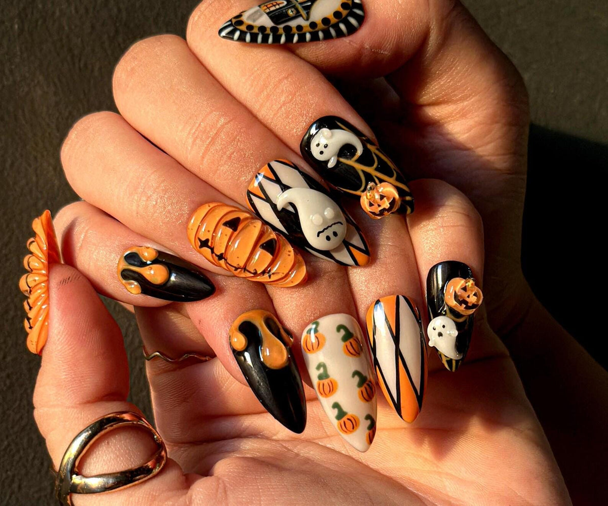 Pumpkin Halloween Press On Nails | 3D Halloween Nail Art | Handmade Ghost & Pumpkin Nails | Spooky Haunted House Nail Design | JB164HC