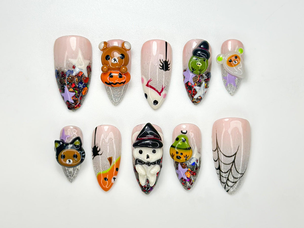 Halloween Kawaii Bear Press On Nails | Handmade Cute & Creepy Nail Art | Glitter Witch Pumpkin Design | Unique Pastel Press Ons | JB166HC