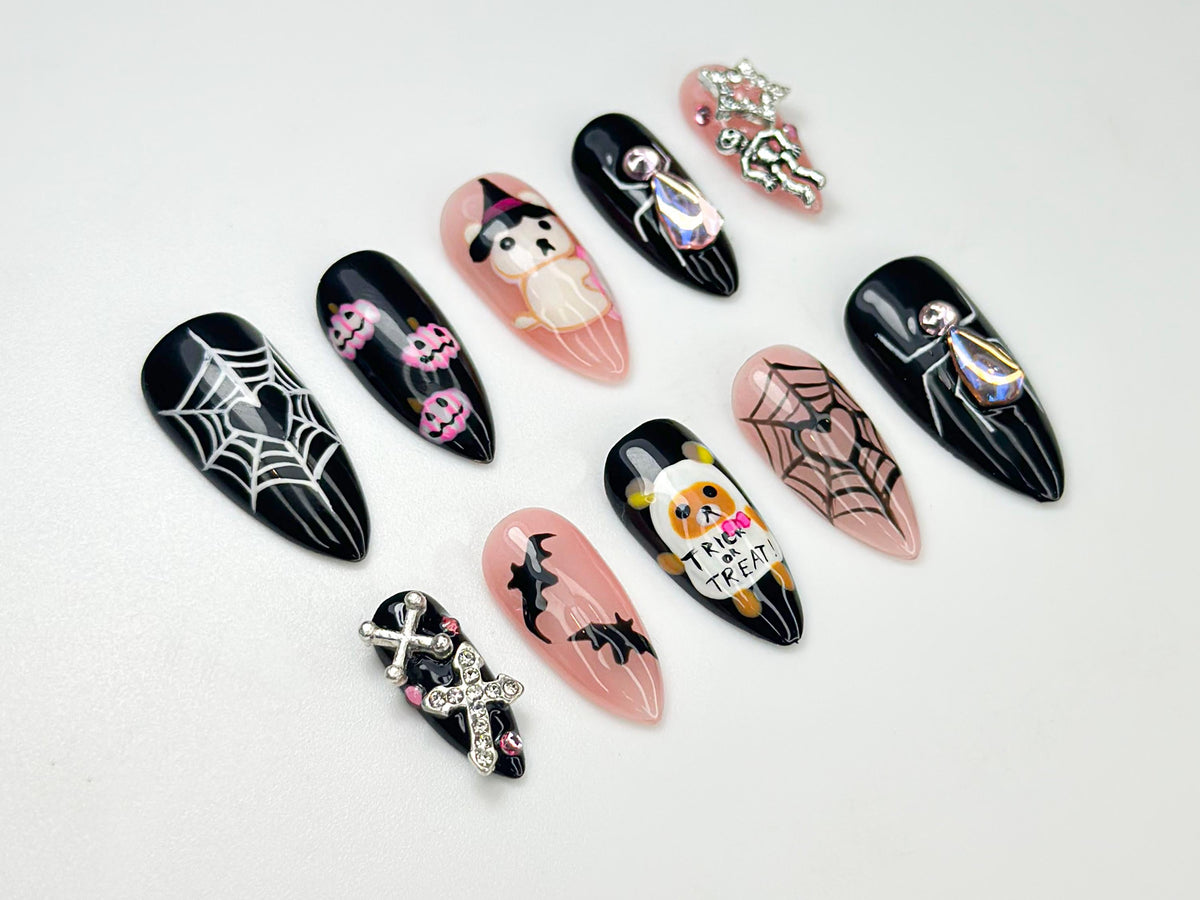 Spooky Bear Press On Nails | 3D Halloween Nail Art | Handmade Web & Bat Design | Cute Creepy Nails | Unique Black Pink Press Ons | JB167HC
