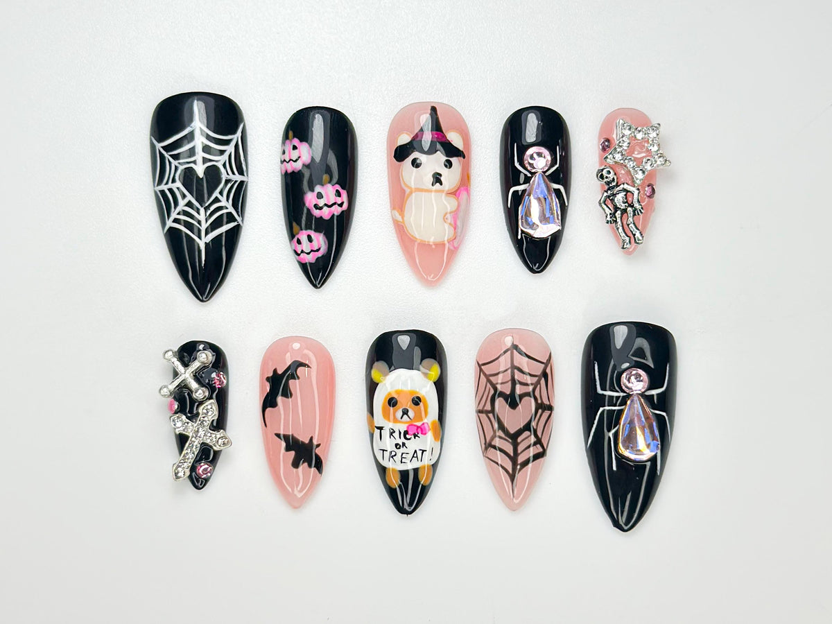 Spooky Bear Press On Nails | 3D Halloween Nail Art | Handmade Web & Bat Design | Cute Creepy Nails | Unique Black Pink Press Ons | JB167HC