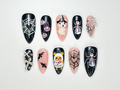 Spooky Bear Press On Nails | 3D Halloween Nail Art | Handmade Web & Bat Design | Cute Creepy Nails | Unique Black Pink Press Ons | JB167HC