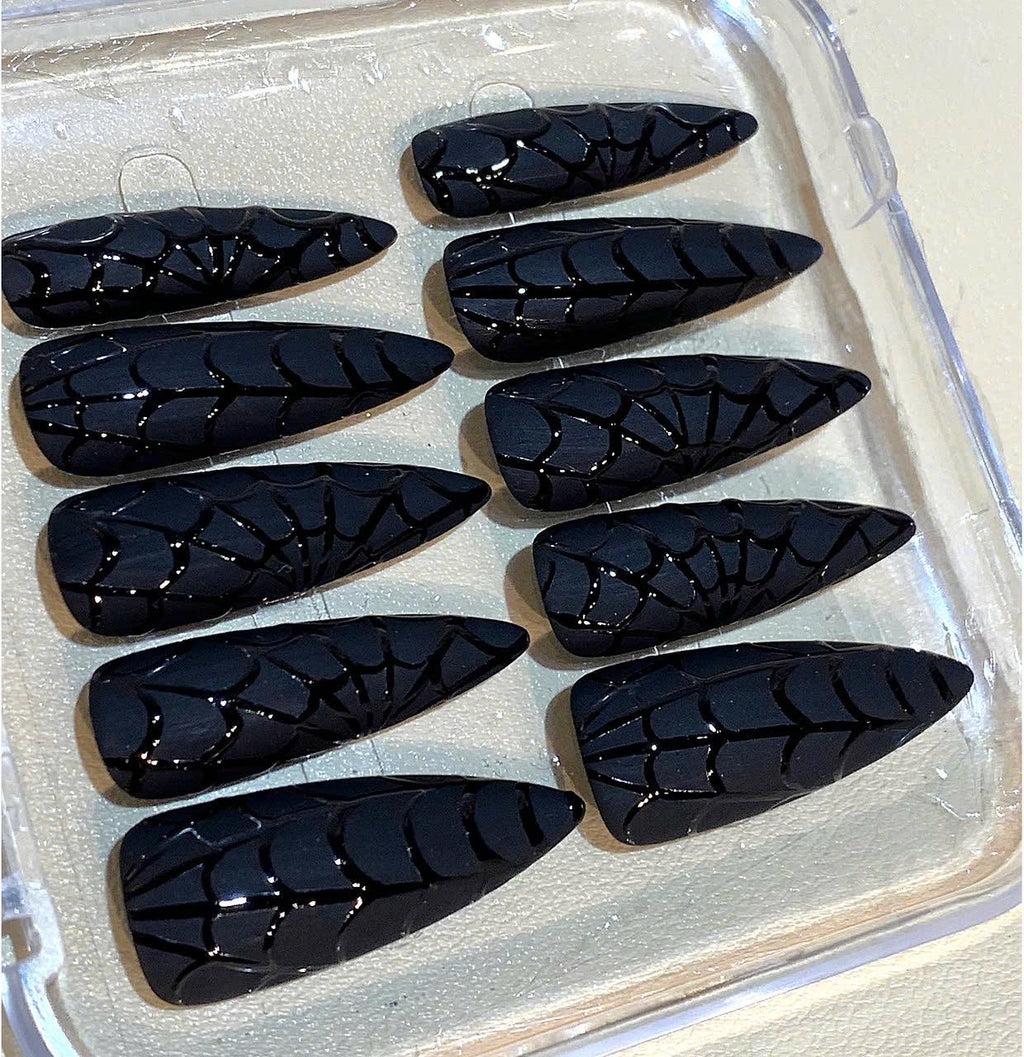 Black Spider Web Press On Nails: Gothic Stiletto Halloween Nail Art
