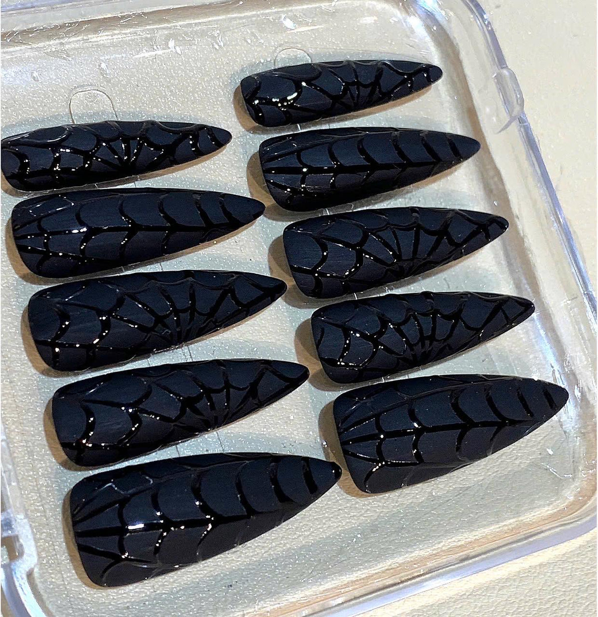 Black Spider Web Press On Nails: Gothic Stiletto Halloween Nail Art