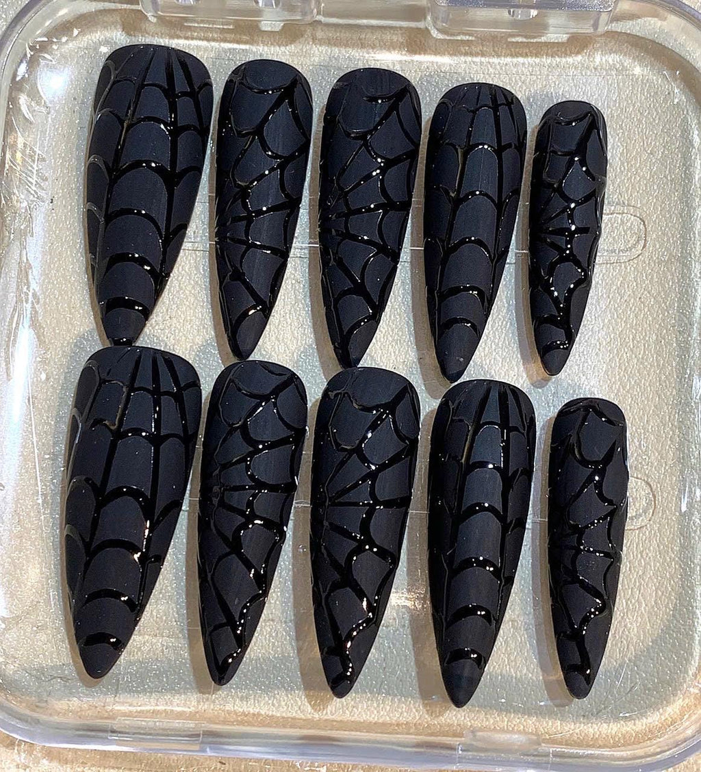 Black Spider Web Press On Nails: Gothic Stiletto Halloween Nail Art