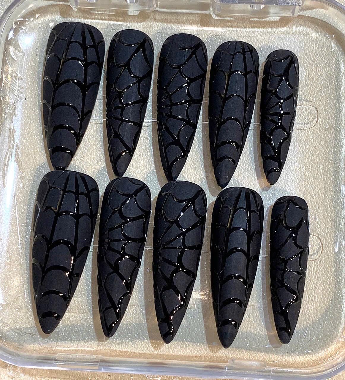 Black Spider Web Press On Nails: Gothic Stiletto Halloween Nail Art