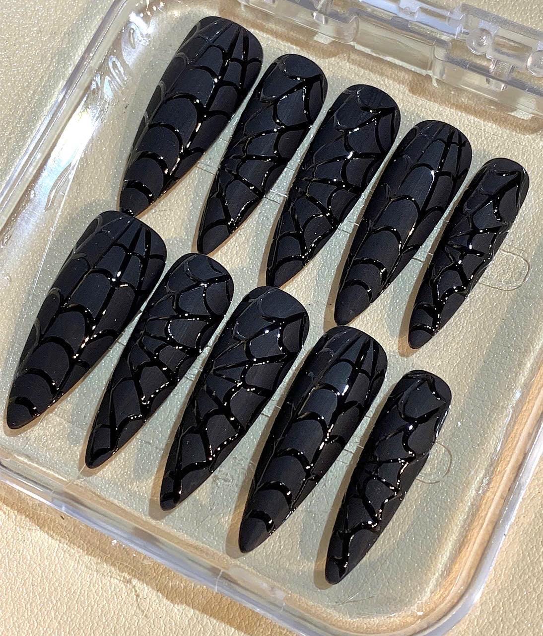 Black Spider Web Press On Nails: Gothic Stiletto Halloween Nail Art