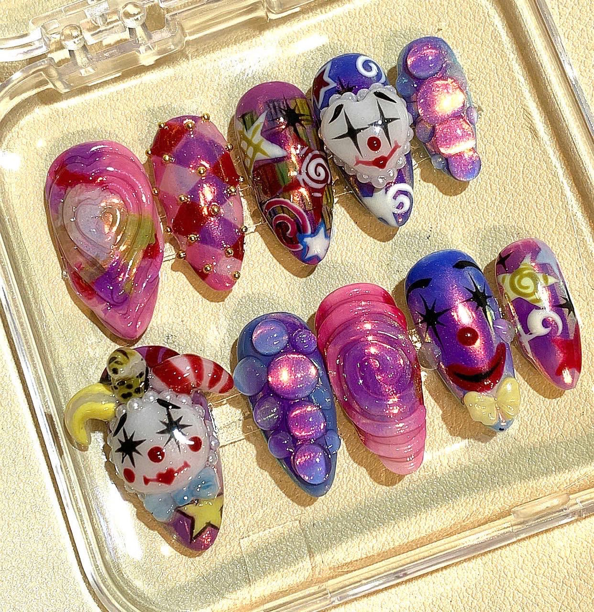 3D Clown Press On Nails: Handmade Harlequin Circus Nail Art