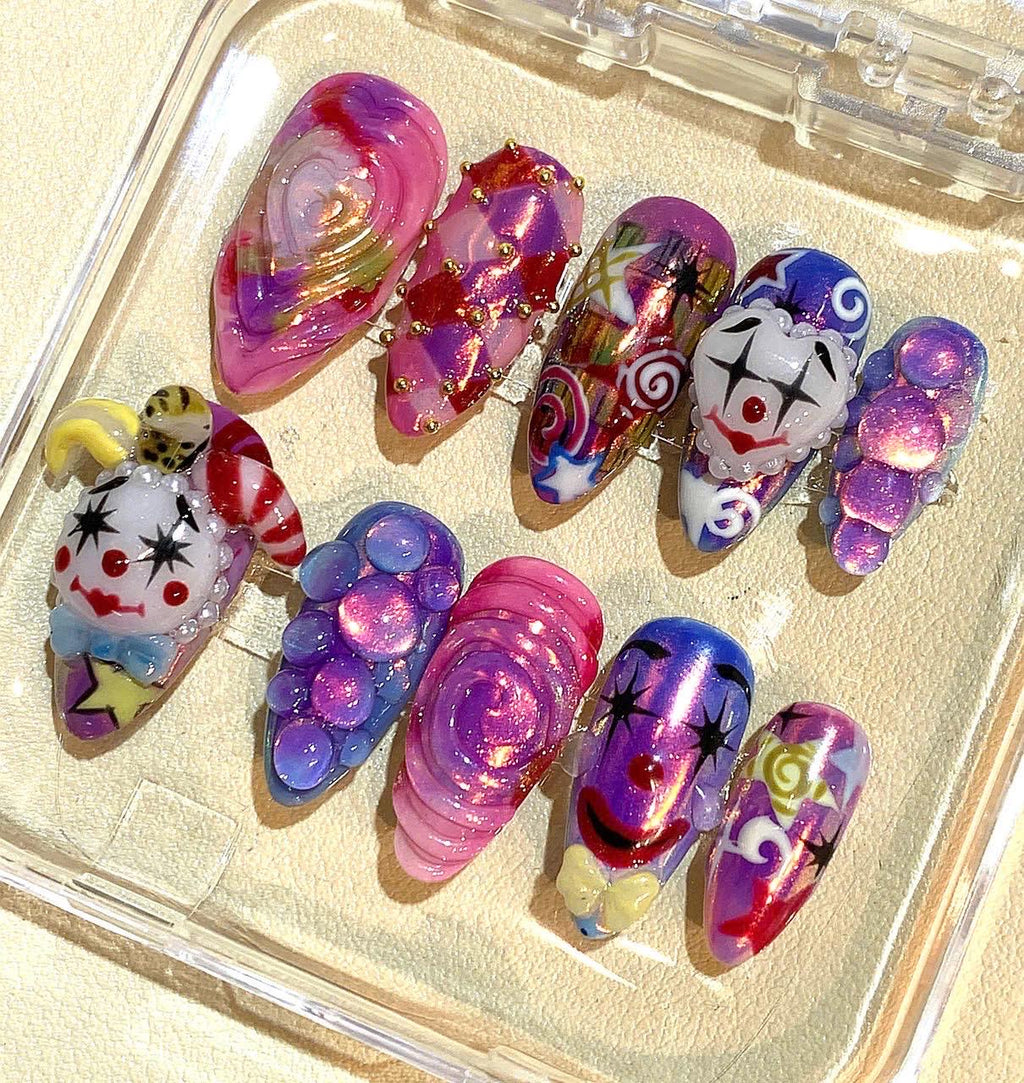 3D Clown Press On Nails: Handmade Harlequin Circus Nail Art