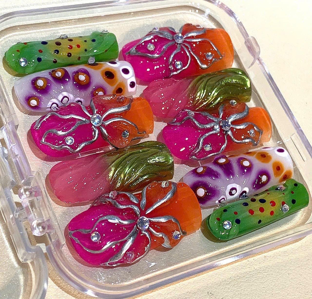 3D Flower Press On Nails: Bright Colorful Rhinestone Nail Set